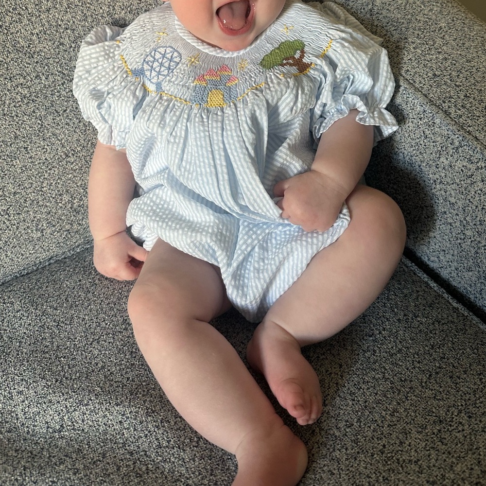 Stitchy Fish Amusement Park Adventures Smocked Puff Sleeve Bubble Seersucker 6M